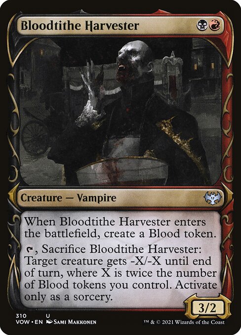 Bloodtithe Harvester {B}{R} - Creature — Vampire - When this creature enters, create a Blood token. (It's an artifact with "{1}, {T}, Discard a card, Sacrifice this token: Draw a card.") {T}, Sacrifice this creature: Target creature gets -X/-X until end of turn, where X is twice the number of Blood tokens you control. Activate only as a sorcery. - 3/2