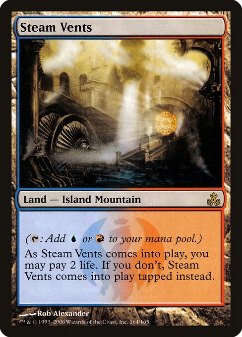 Steam Vents - Land — Island Mountain - ({T}: Add {U} or {R}.) As this land enters, you may pay 2 life. If you don't, it enters tapped.