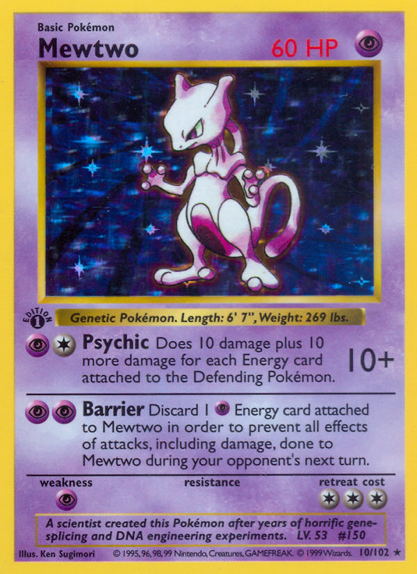 Mewtwo - 60 HP - Psychic - Psychic [PsychicColorless] 10+: Does 10 damage plus 10 more damage for each Energy card attached to the Defending Pokémon. - Barrier [PsychicPsychic]: Discard 1 Psychic Energy card attached to Mewtwo in order to prevent all effects of attacks, including damage, done to Mewtwo during your opponent's next turn. - Weakness: Psychic ×2