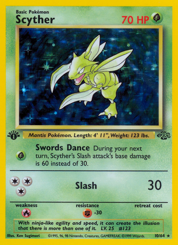 Scyther - 70 HP - Grass - Swords Dance [Grass]: During your next turn, Scyther's Slash attack's base damage is 60 instead of 30. - Slash [ColorlessColorlessColorless] 30:  - Weakness: Fire ×2
