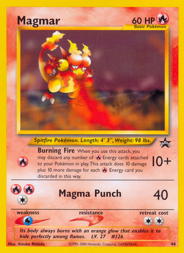 Magmar - 60 HP - Fire - Burning Fire [Fire] 10+: When you use this attack, you may discard any number of Fire Energy cards attached to your Pokémon in play. This attack does 10 damage plus 10 more damage for each Fire Energy card you discarded in this way. - Magma Punch [FireFireColorless] 40 - Weakness: Water ×2