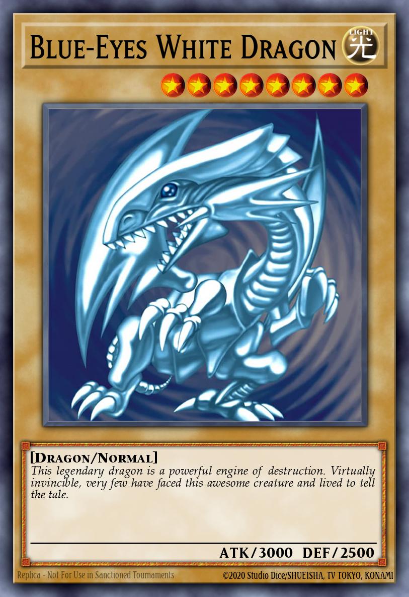 Blue-Eyes White Dragon - Normal Monster (Dragon) [LIGHT] - Level 8 - ATK 3000 / DEF 2500 - This legendary dragon is a powerful engine of destruction. Virtually invincible, very few have faced this awesome creature and lived to tell the tale.