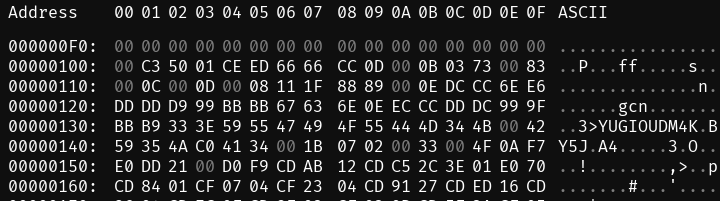 The first few hundred bytes of the unpatched game, viewed in a hex editor using the default settings