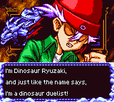 Dinosaur Ryuzaki adjusting his hat, saying: I'm Dinosaur Ryuzaki, and just like the name says, I'm a dinosaur duelist!