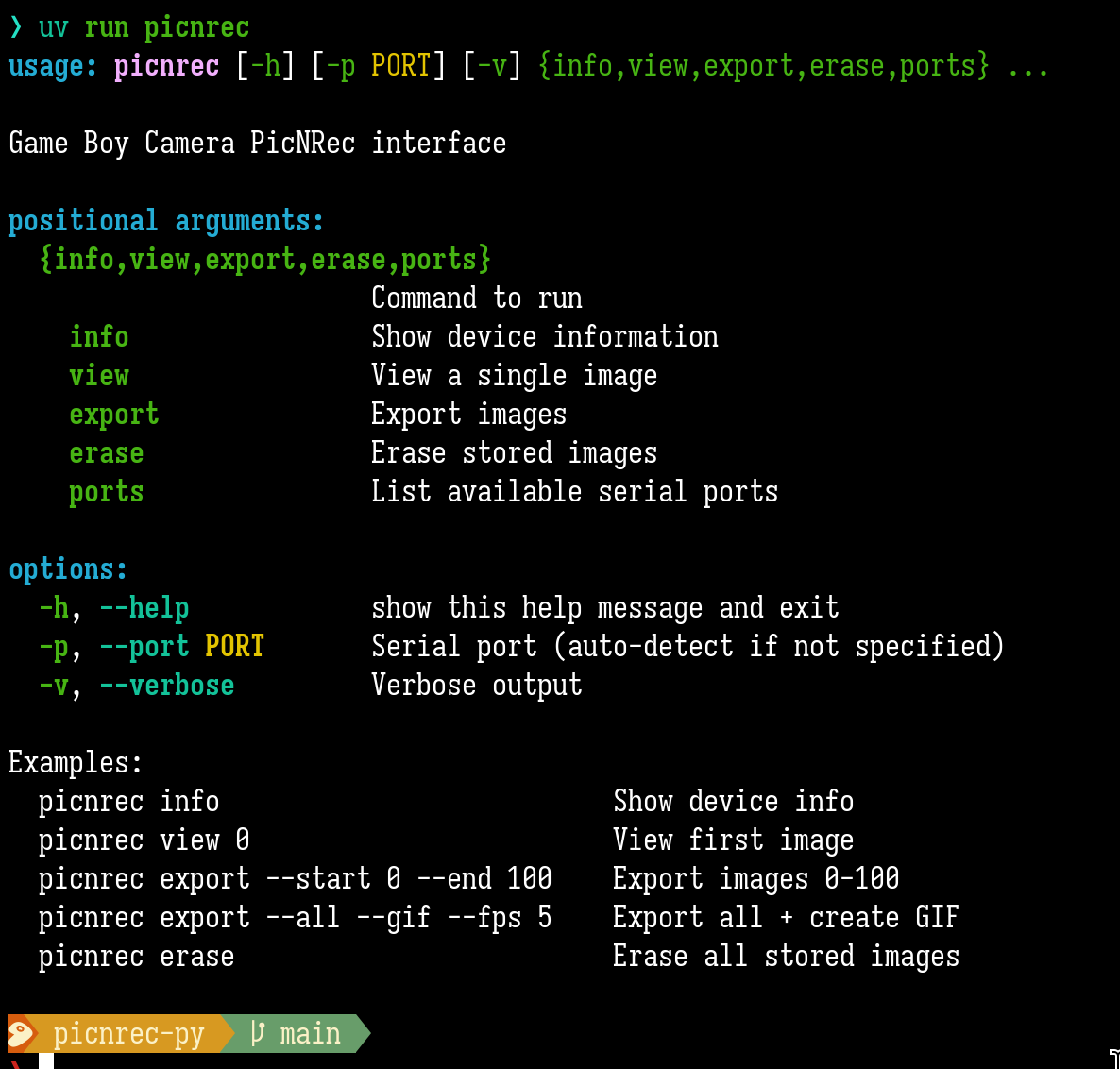 Terminal showing picnrec CLI help: subcommands for info, view, export, erase, and ports, with options for port selection and verbosity