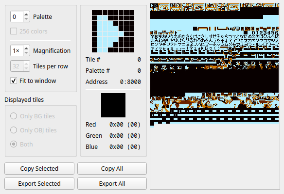 Screenshot of mGBA tile viewer
