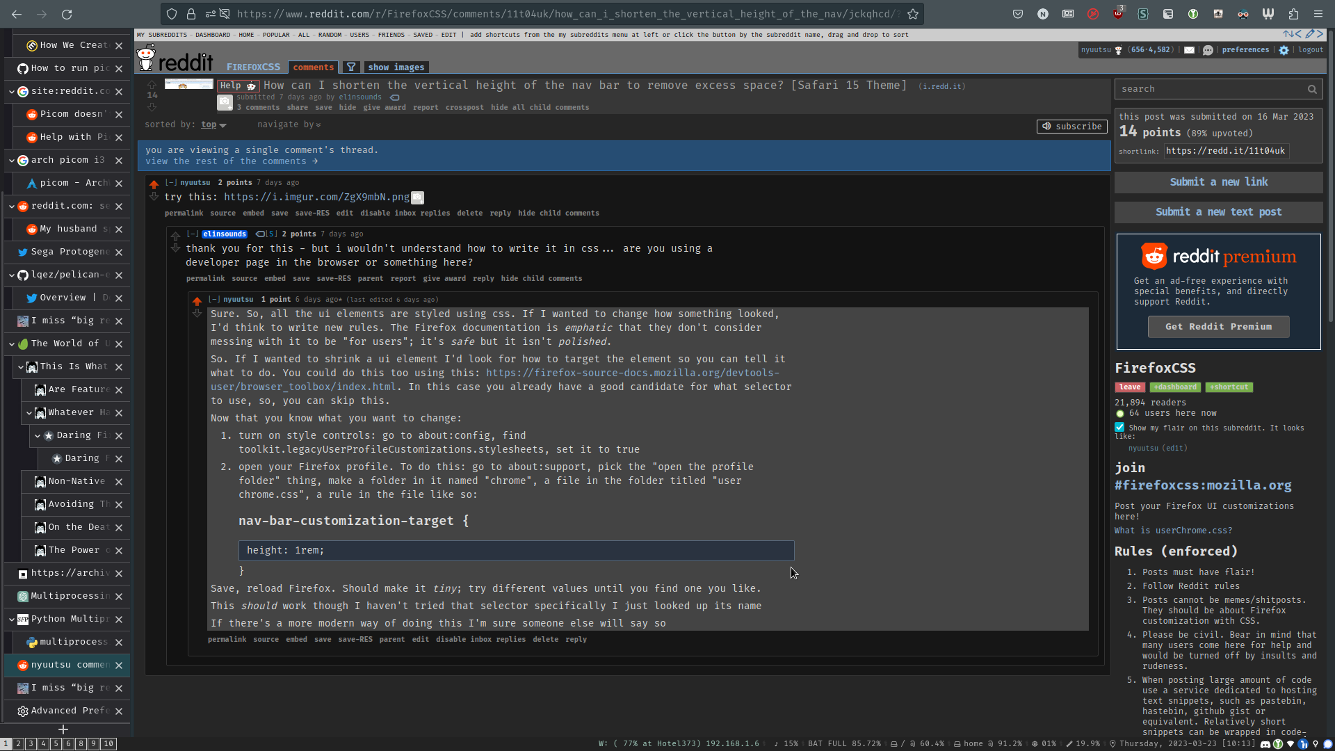firefox open to one of my reddit comments with the stock tab bar hidden and the treestyletab addon enabled