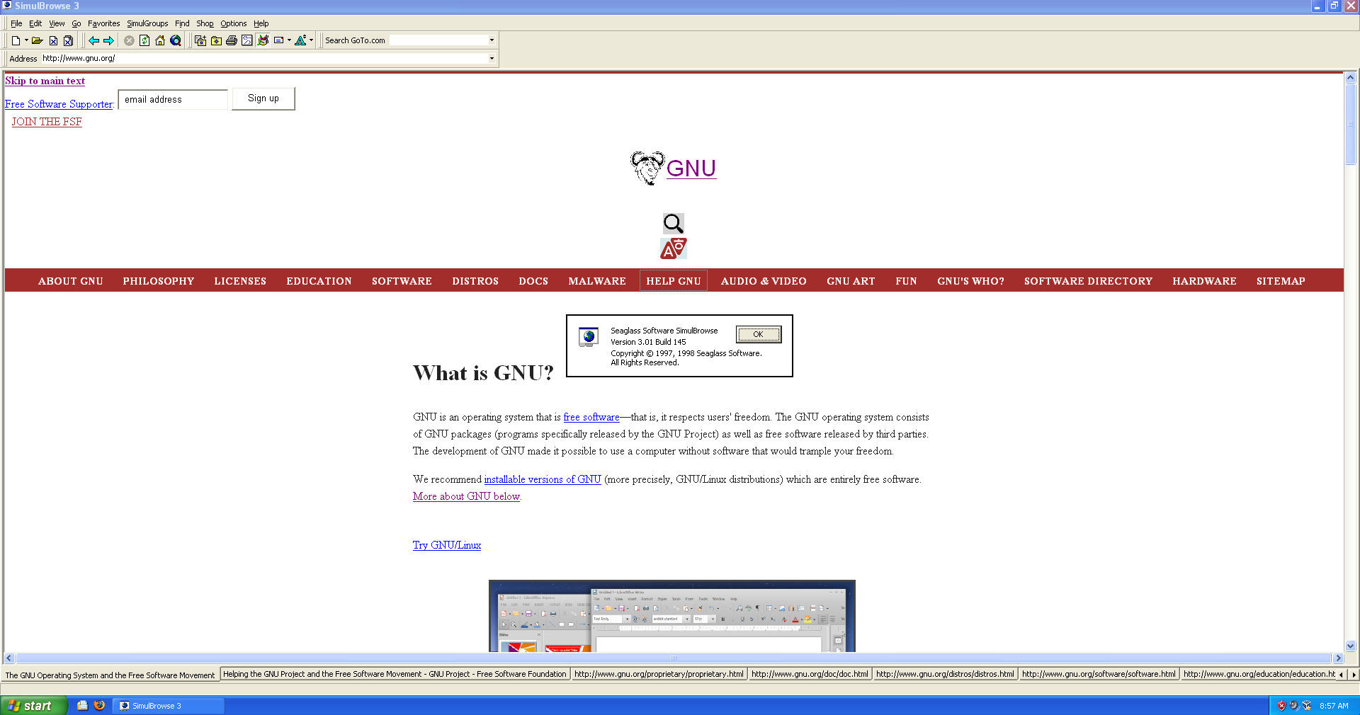 several tabs on http://gnu.org/ open in SimulBrowse 3.0.1