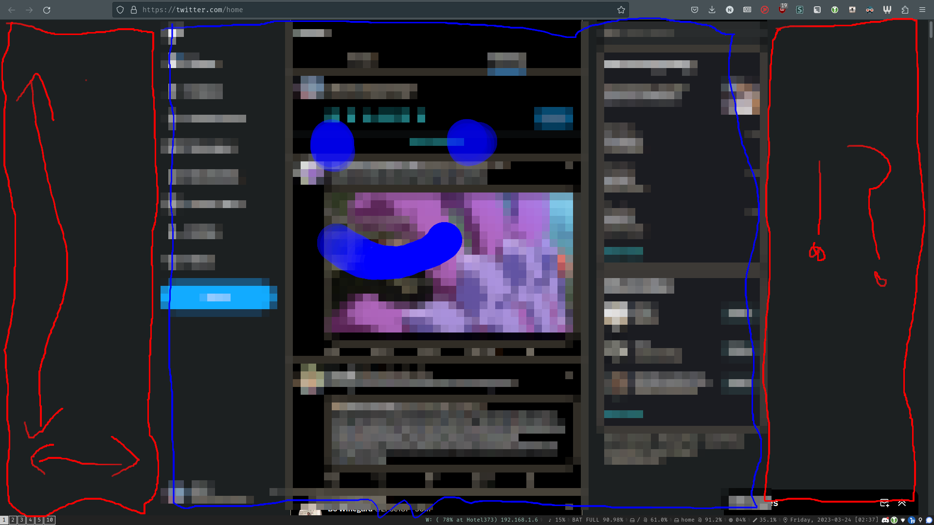 twitter viewed in my web browser with the padding indicated in red and the content indicated in blue